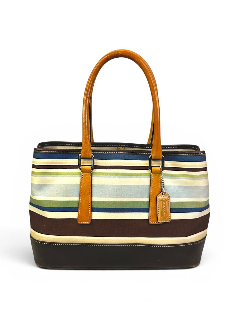 Vintage Coach Hamptons Multicolor Stripe Canvas Shoulder Bag Leather Trim F7771